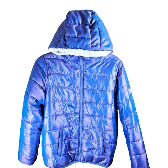 Abercrombie Kids Puffer Jacket Coat Sz 15/16 Blue with Hood Faux Fur Lining - Picture 6 of 11